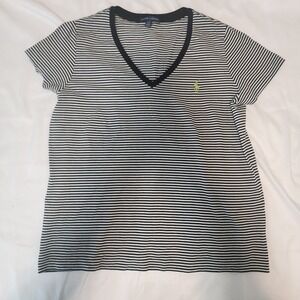 Polo Ralph Lauren Women's Sz L‎ Black Stripped V-Neck Green Pony